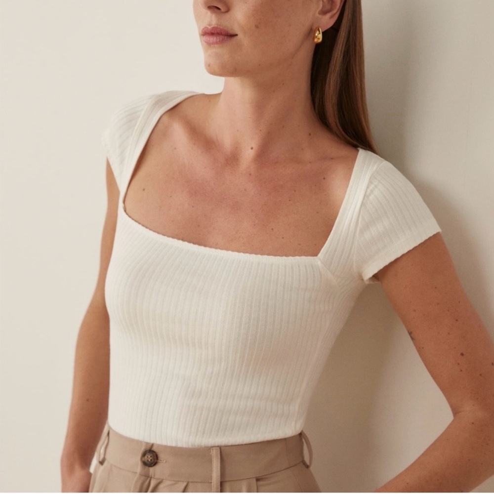 Reformation Bardot Ribbed Knit Top in Cream